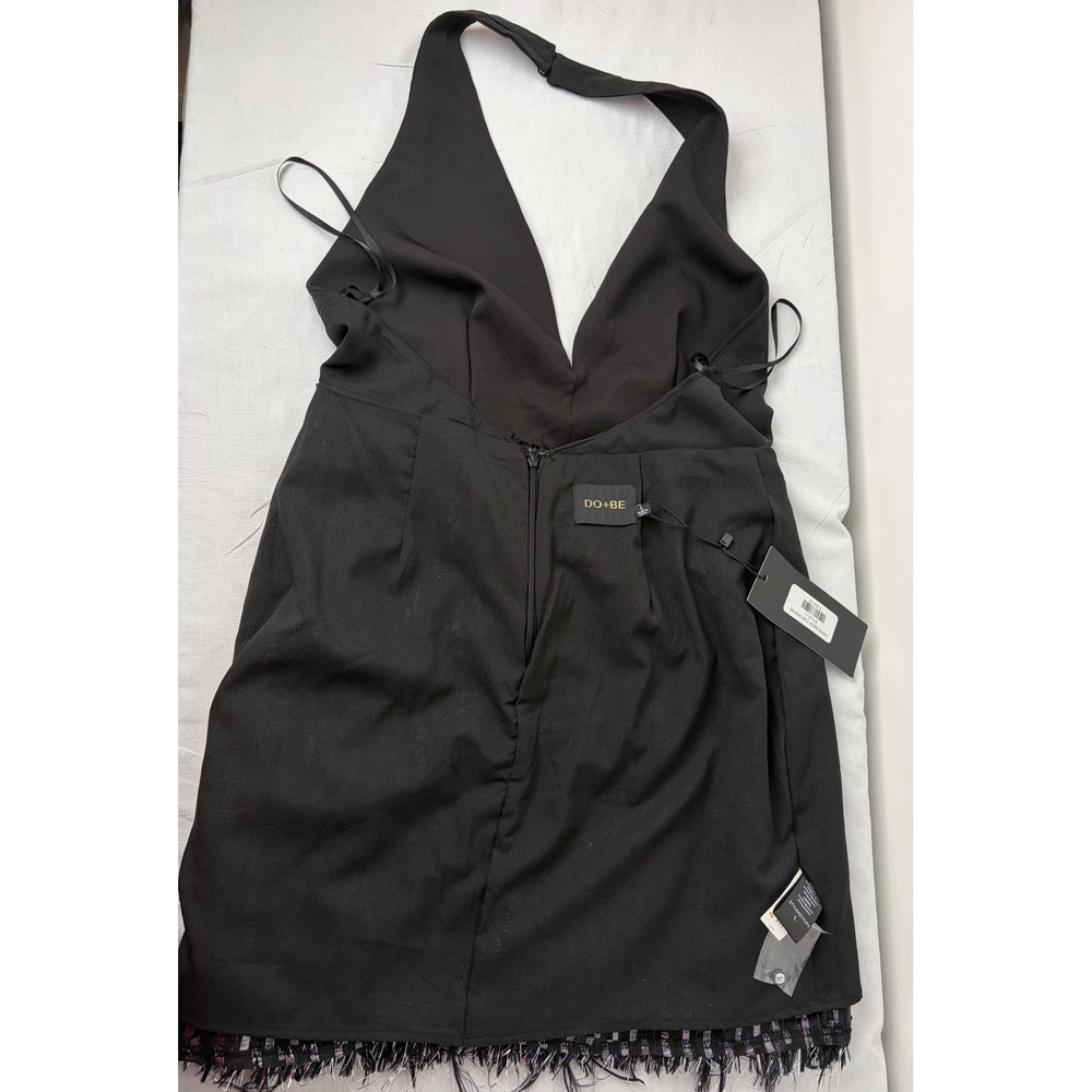 DO+BE Black Silver Tinsel Fringe Open Back Halter Mini Dress GY2191 NWT Large - Picture 10 of 13